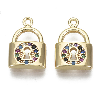 Brass Micro Pave Cubic Zirconia Pendants, Nickel Free, Lock, Colorful, Real 18K Gold Plated, 15x10x2mm, Hole: 1.2mm