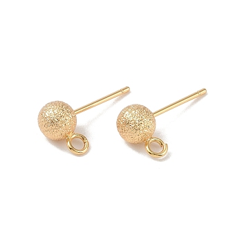 Brass Stud Earring Findings, with Loop, Texture Round, Real 18K Gold Plated, 17.5x6mm, Hole: 2mm, Pin: 0.8x11mm