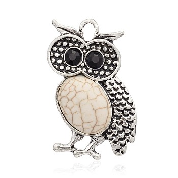 Antique Silver Tone Alloy Dyed Synthetic Turquoise Bird Pendants, with Rhinestones, Owl for Halloween, Beige, 36x24x7mm, Hole: 3mm