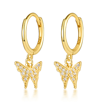 925 Sterling Silver Butterfly Hoop Earrings, with Clear Cubic Zirconia, Cute and Delicate, Golden, 20x8mm