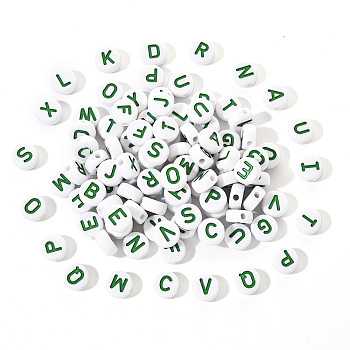 Opaque White Acrylic Beads, with Enamel, Horizontal Hole, Flat Round with Initial Letter, Sea Green, 9.5x4.5mm, Hole: 2mm, 100pcs/set