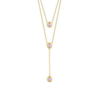 SHEGRACE 925 Sterling Silver Two-Tiered Necklaces, with Three Round Pink AAA Cubic Zirconia Pendant, Golden, 14.96 inch~16.54 inch(38~42cm)