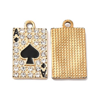 Rack Plating Alloy Crystal Rhinestone Pendants, with Black Enamel, Playing Cards Charms, Golden, 22.5x12.5x2mm, Hole: 1.5mm