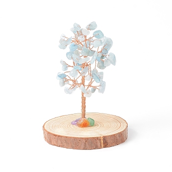 Natural Aquamarine Chips with Brass Wrapped Wire Money Tree on Wood Base Display Decorations, for Home Office Decor Good Luck, 51.5~75x115mm