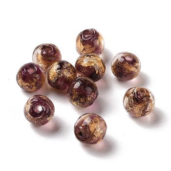 Handmade Gold Foil Lampwork Glass Beads, Round, Medium Violet Red, 8mm, Hole: 1.4mm