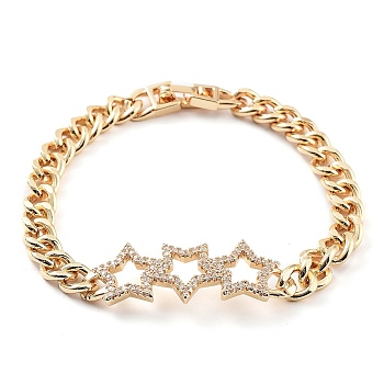 Cubic Zirconia Link Bracelet with Golden Brass Curb Chains, Long-Lasting Plated, Star, 6-7/8 inch(17.6cm)