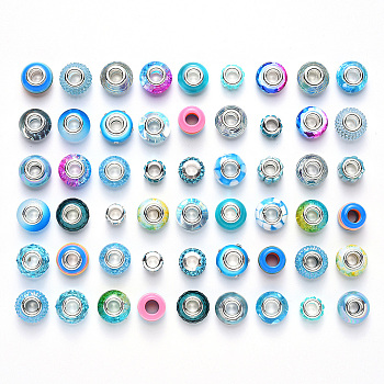 Acrylic & Resin & Polymer Clay Rhinestone European Beads, Large Hole Beads, with Silver Color Core, Rondelle, Mixed Color, Beads: 13.5~14x8~10mm, Hole: 5mm, 54pcs/bag, 1bag/box