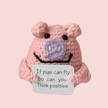 Cute Funny Positive Pig Doll, Wool Knitting Doll with Positive Card, for Home Office Desk Decoration Gift, Pink, 50x60x80mm