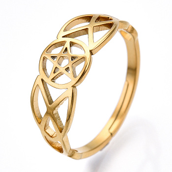 Ion Plating(IP) 304 Stainless Steel Hollow Out Pentagram Adjustable Ring for Women, Real 18K Gold Plated, US Size 6 1/2(16.9mm)