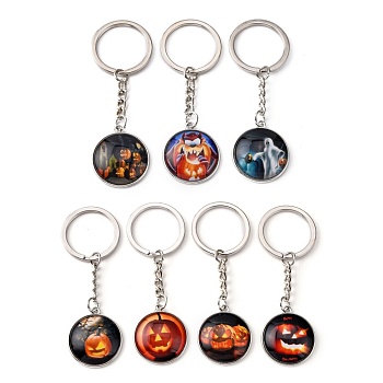 Alloy Keychain, with Glass, Flat Round with Halloween, Mixed Pattern, Platinum, 80x25mm