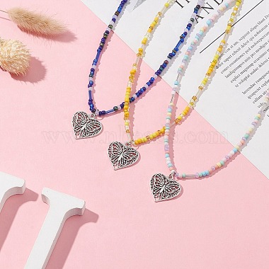 Tibetan Style Alloy Heart with Butterfly Pendant Necklace with Seed Beaded Chains(NJEW-JN04341)-2