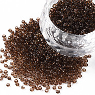 11/0 Grade A Transparent Glass Seed Beads, Round, Coffee, 2x1.5mm, Hole: 0.8mm, about 3000pcs/50g(X-SEED-Q006-F28)
