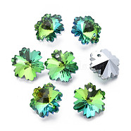 Electroplated Glass Charms, Silver Plated Bottom, Faceted, Snowflake, Medium Sea Green, 14x12.5x7mm, Hole: 1.4mm, about 30pcs/board, 4board/box(EGLA-N006-015A)