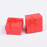 Cardboard Ring Boxes, with Satin Ribbons Bowknot outside, Square, Red, 41x41x26mm(CBOX-G003-08B)