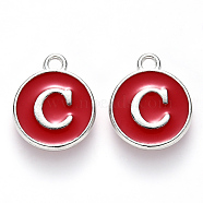 Platinum Plated Alloy Enamel Charms, Cadmium Free & Lead Free, Enamelled Sequins, Flat Round with Letter, Red, Letter.C, 14x12x2mm, Hole: 1.5mm(ENAM-S118-03C-P)