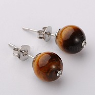 Gemstone Round Bead Ball Stud Earrings, with Glass Rhinestone and Platinum Plated Brass Post Earrings Components, Tiger Eye, 8mm, Pin: 0.6mm(EJEW-JE01165-01)
