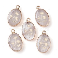 Natural Quartz Crystal Oval Pendants, Golden Plated Brass Rock Crystal Oval Charms with Flower, 22~22.5x13~13.5x4.5mm, Hole: 1.6~1.8mm(G-C102-07G-01)