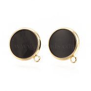 Brass Stud Earring Findings, with Enamel and Loop, Flat Round, Nickel Free, Real 18K Gold Plated, Black, 16.5x14mm, Hole: 1.5mm, Pin: 0.7mm(KK-S345-270A-G)