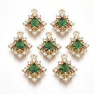 Golden Tone Brass Pendants, with Faceted Glass and Clear Rhinestone, Rhombus, Sea Green, 14.5x11x4mm, Hole: 1.2mm, Diagonal Length: 14.5mm, Side Length: 10mm(X-GLAA-R212-16A)