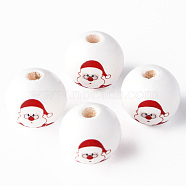 Painted Natural Wood Beads, Round with Father Christmas Pattern, Red, 16x15mm, Hole: 4mm(WOOD-N006-188)