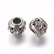 Alloy European Beads, Large Hole Beads, with Rhinestone, Rondelle, Crystal, Antique Silver, 11x9mm, Hole: 5mm(PALLOY-E516-01AS)