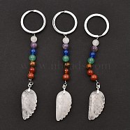 Natural Quartz Crystal Feather Keychain, with Chakra Gemstone Bead and Platinum Tone Rack Plating Brass Findings, 11.4cm(G-Z033-12P-02)
