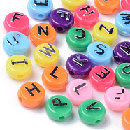Opaque Mixed Color Acrylic Beads, Silver Metal Enlaced, Flat Round with Black Random Letters, 10x6mm, Hole: 2mm, about 624pcs/200g(MACR-SZ0001-08)