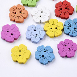 2-Hole Spray Painted Wooden Buttons, Flower, Mixed Color, 20x20x4mm, Hole: 1.5mm(BUTT-T007-011)