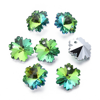 Electroplated Glass Charms, Silver Plated Bottom, Faceted, Snowflake, Medium Sea Green, 14x12.5x7mm, Hole: 1.4mm, about 30pcs/board, 4board/box