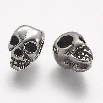 304 Stainless Steel Beads, Skull, Large Hole Beads, Antique Silver, 13x8x8.5mm, Hole: 4mm