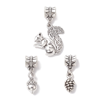 3Pcs 3 Styles Tibetan Style Alloy Pendants, Squirrel & Cone, Antique Silver, 23.5~32.5mm, Hole: 4.5mm, 1pc/style
