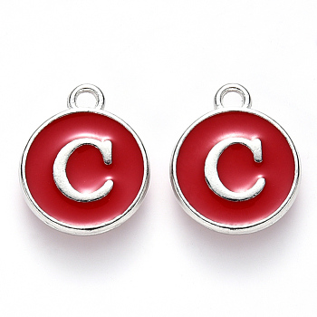Platinum Plated Alloy Enamel Charms, Cadmium Free & Lead Free, Enamelled Sequins, Flat Round with Letter, Red, Letter.C, 14x12x2mm, Hole: 1.5mm
