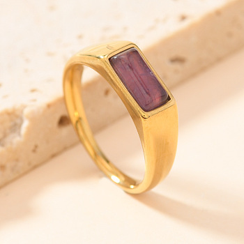 304 Stainless Steel & Natural Amethyst Finger Rings, Rectangle, Golden, US Size 7(17.3mm)