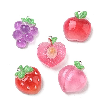 Transparent Resin Imitation Fruit Pendants, Mixed Shapes Charms, with Platinum Tone Iron Loop, Mixed Color, 26.5~29x20.5~23x11~12mm, Hole: 2mm