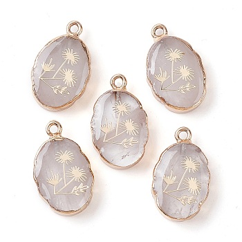 Natural Quartz Crystal Oval Pendants, Golden Plated Brass Rock Crystal Oval Charms with Flower, 22~22.5x13~13.5x4.5mm, Hole: 1.6~1.8mm