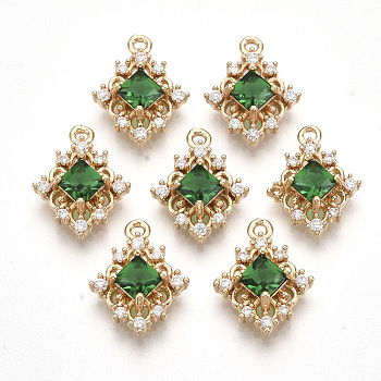 Golden Tone Brass Pendants, with Faceted Glass and Clear Rhinestone, Rhombus, Sea Green, 14.5x11x4mm, Hole: 1.2mm, Diagonal Length: 14.5mm, Side Length: 10mm
