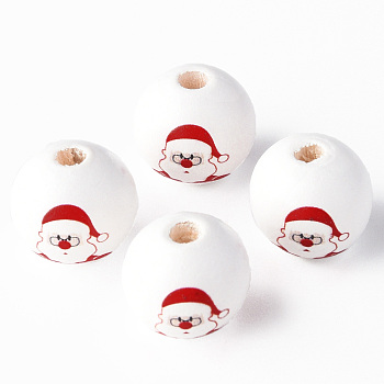 Painted Natural Wood Beads, Round with Father Christmas Pattern, Red, 16x15mm, Hole: 4mm