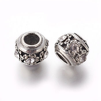 Alloy European Beads, Large Hole Beads, with Rhinestone, Rondelle, Crystal, Antique Silver, 11x9mm, Hole: 5mm