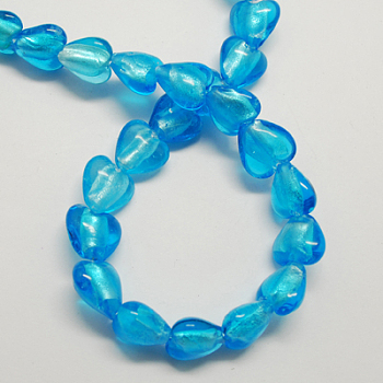 Handmade Silver Foil Glass Beads, Heart, Deep Sky Blue, 15x15x10mm, Hole: 1~2mm
