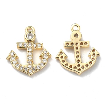 Brass Micro Pave Cubic Zirconia Charms, Anchor Charm, Real 18K Gold Plated, 14x12x2mm, Hole: 1mm