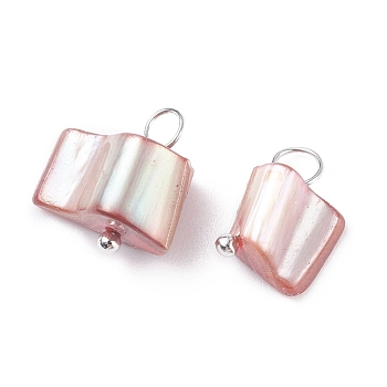 Natural Freshwater Shell Charms, with Platinum Tone Brass Findings, Dyed, Hot Pink, 12~13x8.5~13x6~7.5mm, Hole: 3.6mm