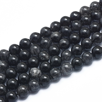Natural Tourmalinated Quartz/Black Rutilated Quartz  Beads Strands, Round, 8mm, Hole: 1mm, about 47 pcs/Strand, 15.35 inch(39cm)