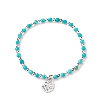 Natural Howlite Beaded Stretch Bracelet with 201 Stainless Steel Conch Charms, Gemstone Jewelry for Women, Turquoise(Dyed), Inner Diameter: 2-3/8 inch(6cm)