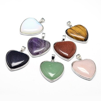 Heart Platinum Plated Brass Natural & Synthetic Mixed Stone Pendants, Cadmium Free & Lead Free, 36x31x7mm, Hole: 4x8mm