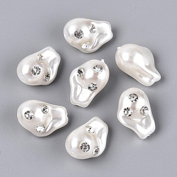 Baroque Style ABS Plastic Imitation Pearl Beads, Nuggets, with Rhinestone, Creamy White, 21~22x15x13mm, Hole: 1.8~2mm