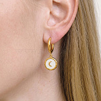 304 Stainless Steel Flat Round with Moon Pendant Hoop Earrings for Women, Golden, 35x15mm(FB1045-1)