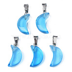 Transparent Spray Painted Glass Pendants, with Platinum Plated Brass Bails, Moon Charms, Deep Sky Blue, 21.5x10.5x6mm, Hole: 4mm(GLAA-N035-021-F03)