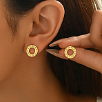 Stainless Steel Retro Roman Numeral Stud Earrings, Real 18K Gold Plated, 12mm(ZQ6109)