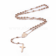304 Stainless Steel Rosary Bead Necklaces, Oval with Virgin Mary, Crucifix Cross, For Easter, Rose Gold, 26.4 inch(67cm)(NJEW-F240-02RG)