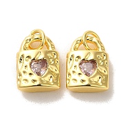 Brass Micro Pave Cubic Zirconia Pendants, Real 18K Gold Plated, Lock, Lavender, 12.5x9x4mm(KK-H461-06G-01)